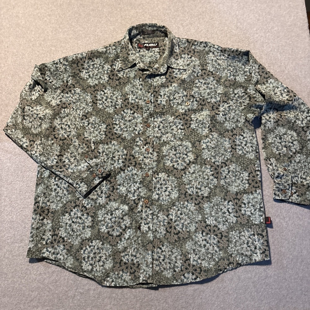 Vintage FUBU Men's 2XL Long Sleeve Button Up Green Snowflake Pattern